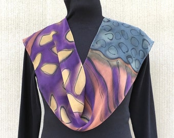 Small Silk Scarf Women #129/ Abstract/ Hand Painted/ Purple Blue Gray Yellow Scarf/ Sheer Silk Chiffon Scarf/ Lightweight Year Round Scarf