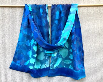 Blue Silk Scarf Hand Painted #444/ Silk Rayon Burnout with Jacquard Trim/ Double sided Luxurious Silk Shawl Wrap Scarf/ Kris Thoeni Designs