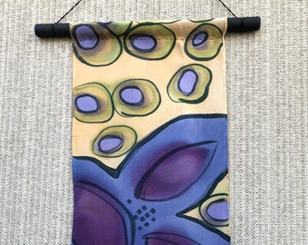 Abstract Wall Art #458/ Long Narrow Hand Painted Silk Wall Hanging/ Textile/ Pale Yellow Avocado Green Purple Lavender/ Nature Flowers