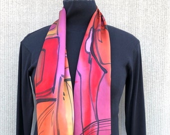 Luxury Silk Satin Scarf #566 Hand Painted in Shades of Red, Maroon, Rose Pink, Bronze/ Feels great next to your skin/ Adds a pop of color