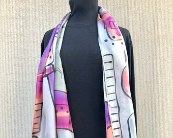 Pink Gray Scarf Shawl Wrap #582/ Hand Painted Hand Signed Art to Wear Silk Statement Scarf/ Hand Washable/ Dots Stripes