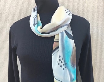 Small Southwest Silk Scarf #296/ Hand Painted Abstract Art to Wear Neutral Gray Bronze Turquoise and Black/ Southwest Colors/ Kris Thoeni
