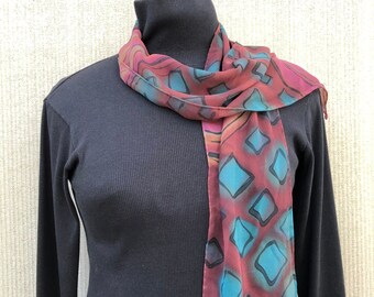 Santa Fe Style Scarf #589 / Hand Painted Signed Silk Chiffon Art to Wear Scarf/ Earthy Reds Turquoise/ Unique one of a kind