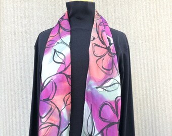 Pink Floral Silk Scarf #592/ Art to Wear Hand Painted and Signed China Silk/ Lightweight/ Fun to Wear/ Great Travel Scarf