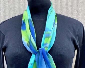 Blue Green Scarf #371/ Hand Painted Silk Luxury Crepe de Chine/ Colorful Abstract Nature/ Kris Thoeni Designs/ Gift for Mom Wife Her