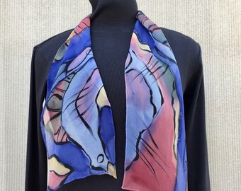 Blue Silk Scarf #92/ Hand Painted Art to Wear/ Abstract Sheer Lightweight Chiffon Silk Scarf/ Bold Colorful Scarf by Kris Thoeni Designs