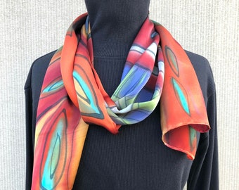 Hand Painted Scarf #572/ Statement Scarf Hand Signed/Bright Bold Courageous Colors/ New Mexico Style/ Earthy Reds Turquoise