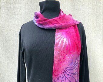 Pink Scarf #565/ Hand Painted Burnout Silk Rayon Scarf/ Iridescent/ Bright Bold Beautiful/ You are certain to brighten the day/ Under 50 USA