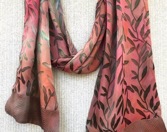 Long Silk Rayon Scarf #451/ Earthy Reds Rust Copper Brown Olive Bronze/ Shawl Wrap 100% Silk Jacquard Trim/ Elegant/ Rich Autumn Fall Colors