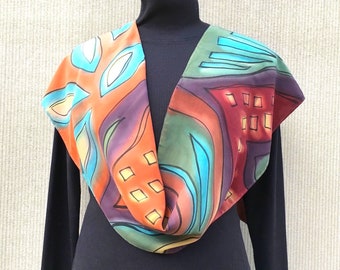 Southwest Hand Painted Scarf #122/ Santa Fe Style/ Abstract Rust Turquoise Scarf/ Art to Wear/ Earthy Elegance/ Crepe de Chine/ Kris Thoeni