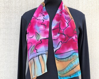 Abstract Silk Scarf Hand Painted #466/ Small Lightweight Sheer Chiffon/ Bold Colorful Fuchsia Pink/ Wearable Art for Body and Soul