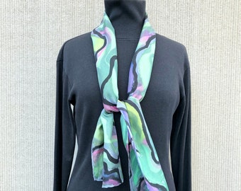 Green Silk Scarf #502/ Small Hand Painted Hand Signed Art to Wear/ Lightweight Year Round Scarf Add a Pop of Color to any Outfit