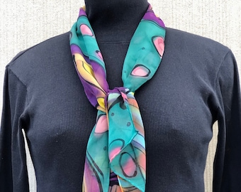 Green Purple Yellow Scarf #369/ Small Hand Painted Lightweight Silk Chiffon/ Colorful Adornment for Body and Soul/ Great gift idea and Fun!