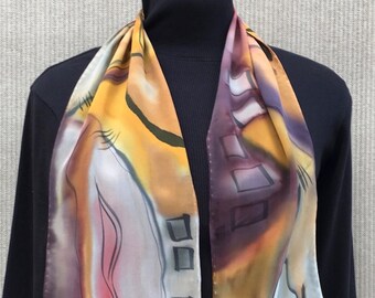 Yellow Gray Silk Scarf #292/ Hand Painted/ Abstract Scarf/ Art to Wear by Kris Thoeni/ Luxury Crepe de Chine / Healing Scarf