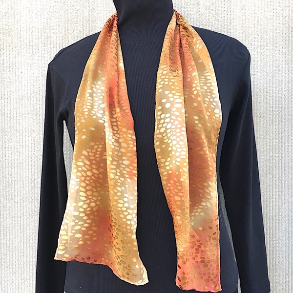 Gold Yellow Silk Scarf Hand Painted #320/ Burnout Devore/ Spots Dots Circles/ Small Dyed Scarf/ Sparkle/ Under 50 USD/ by Kris Thoeni