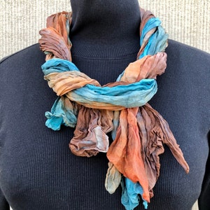 Earthy Elegant Crinkle Scarf #511/ Santa Fe  Style/ Southwest colors/ Brown Copper Turquoise/ Hand Painted Scarf Wrap Shawl/ Wear Year Round