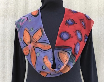 Hand Painted Silk Scarf #150/ Red Orange Purple Small Scarf/ Abstract Scarf/ Tropical Flowers Dots/Lightweight Sheer Chiffon Silk Scarf