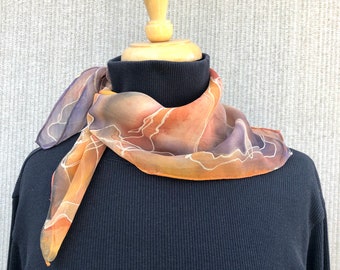 Square Silk Scarf #547/ Small Hand Painted Silk Chiffon in Autumn Shades of Golden Yellow Orange Rust Deep Eggplant Purple/ Great Neck Scarf
