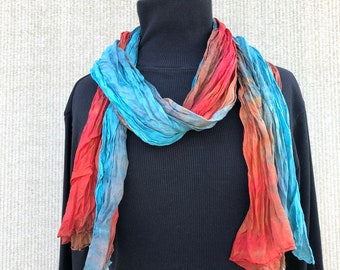 Long Crinkle Scarf Wrap #513/ Hand Dyed Hand Painted/ Light Turquoise  Earthy Reds Rust/ Southwest Style/ Boho Tribal Gypsy/ Year Round Wear