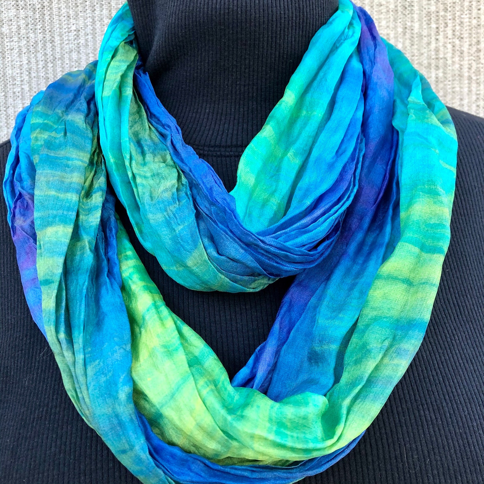 Blue Green Scarf Dyed 500/ Crinkle Scarf Wrap Shawl/ Year Round Scarf/ Healing Scarf/ Authentic