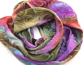 Small Scarf #563/ Silk Rayon Burnout Devore/ Spirals/ Olive Bronze Red Purple Blue/ Elegant Pop of Color/ Gift for Her under 50 USD