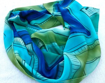 Blue Green Scarf #567/ Hand Painted OOAK Luxury Silk Crepe de Chine Statement Scarf/ Hand Washable/  Wrap Shawl/ Great Year Round Scarf