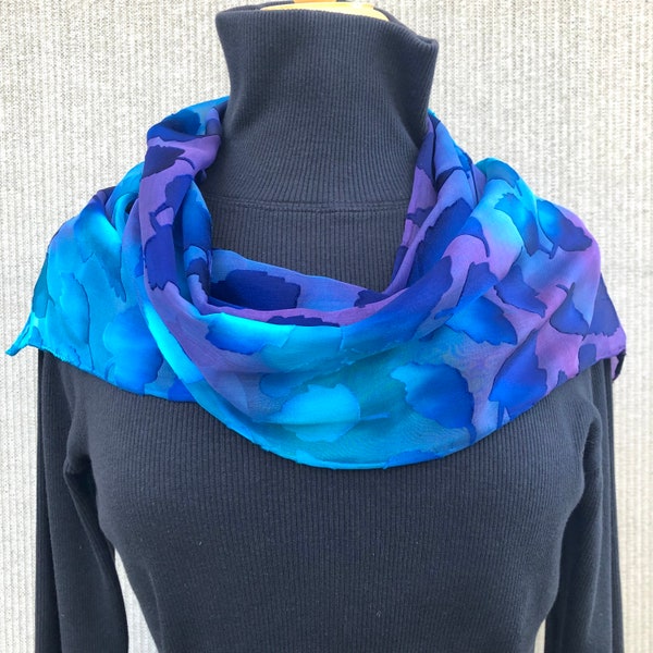 Small Blue Silk Scarf #544/ Royal Blue Turquoise/ Peaceful Water Ocean Colors/ Hand Painted Silk Rayon Burnout/ Under 50 USD/ One of a Kind