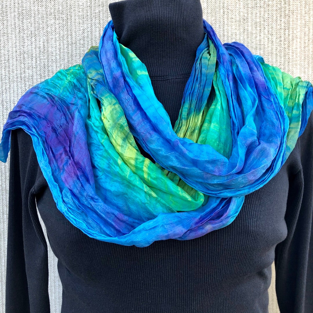Blue Green Scarf Dyed 500/ Crinkle Scarf Wrap Shawl/ Year Round Scarf/ Healing Scarf/ Authentic