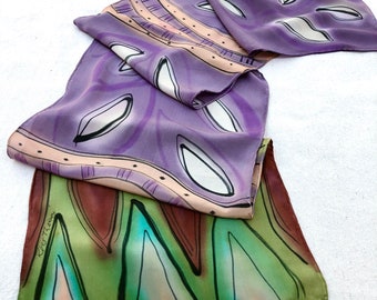 Wearable Art Scarf #575/ Whimsical Play Adornment for Body and Soul/ Lavender Peach Green Red/ Hand Painted Luxury Silk Crepe de Chine