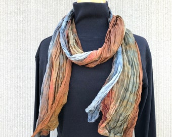 Long Earthy Scarf Crinkles #508/ Neutral Colors Rust Brown Bronze Gray/ Hand Painted One of a Kind Year Round Scarf/