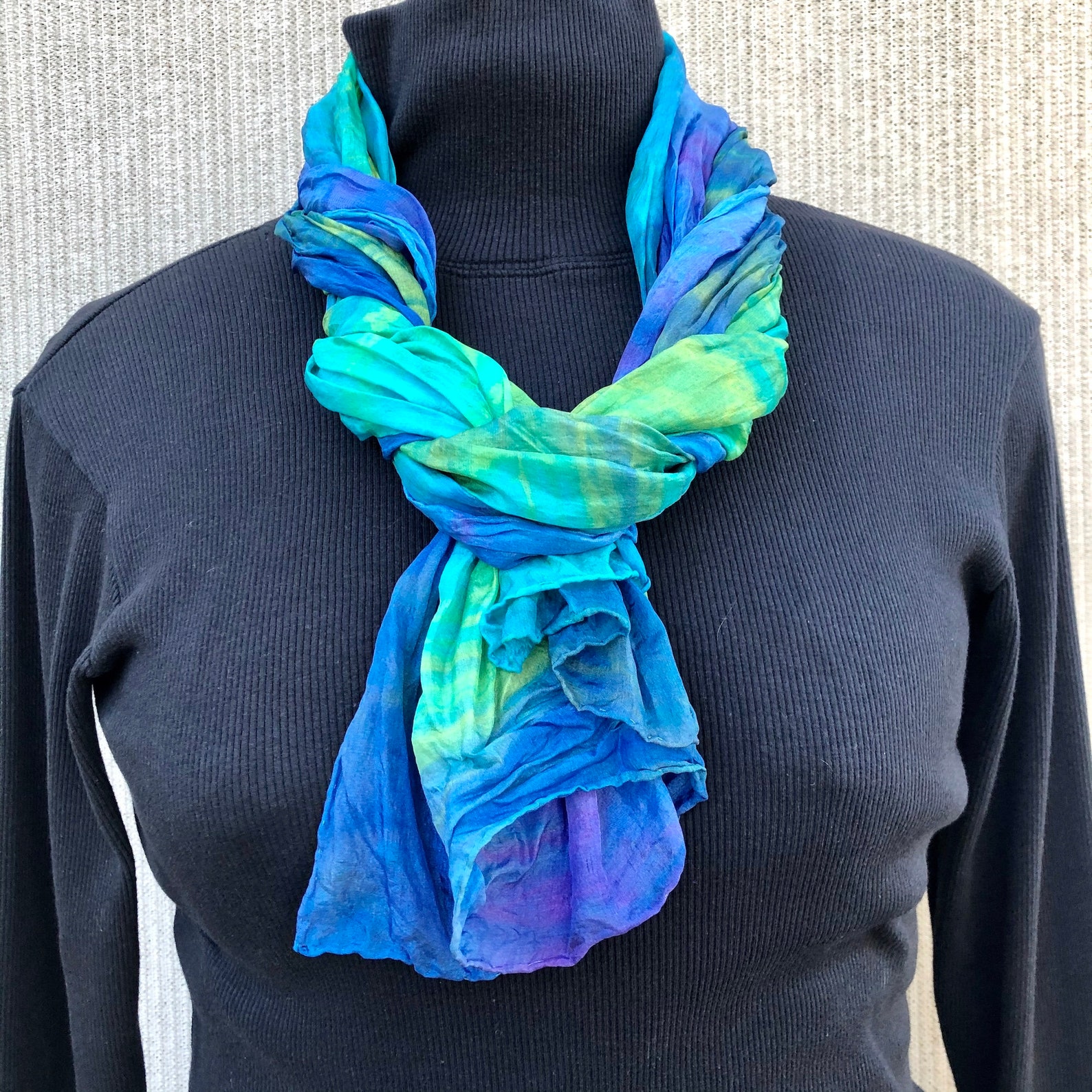 Blue Green Scarf Dyed 500/ Crinkle Scarf Wrap Shawl/ Year Round Scarf/ Healing Scarf/ Authentic