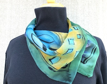 Small Square Scarf #569/ Hand Painted One of A Kind/ Whimsical Fun/ Green Blue Purple Yellow Black/ Easy and Fun to Wear