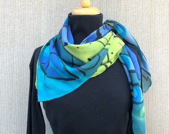 Large Square Silk Scarf #457/ 35 x 35 inches/ Abstract Blue Green Black Hand Painted Art to Wear/ Statement Scarf