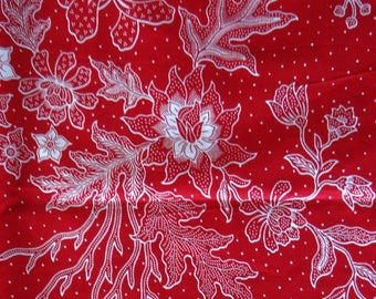 Java Batik fabric - 210x110cm-floral white on red background
