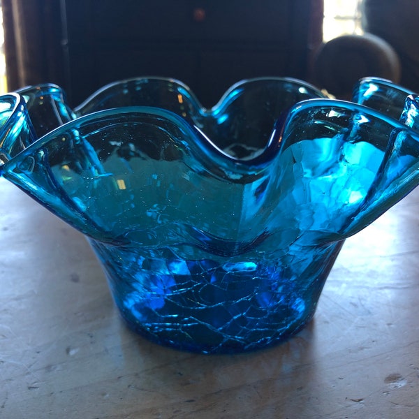 Vintage mid century Blenko blue crackle bowl with ruffled edge