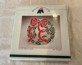 Vintage Wm A. Rogers Holiday Wreath Trivet - Silverplate with enamel - new in package