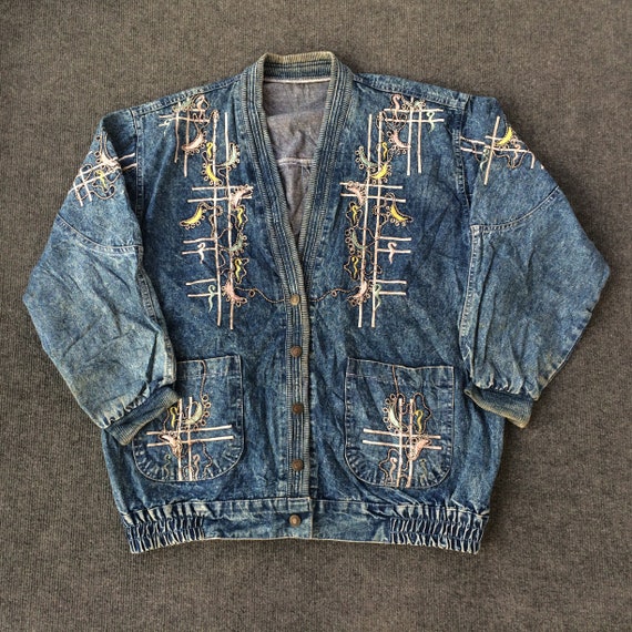 Vintage Classic Style Denim Bomber Jacket 90s Hip Hop Rare Sweater