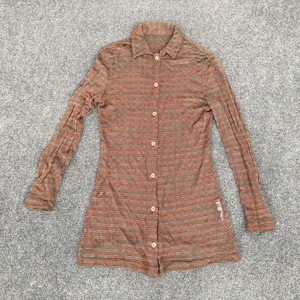 May include: A long-sleeved shirt with a brown and red striped pattern. It features a collared neckline and is fastened with small, round buttons. The fabric appears to be lightweight and slightly textured. The shirt is a tunic style.