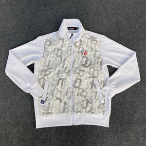 May include: White zippered jacket with a white and gray patterned design. The jacket has a red triangle logo on the front.