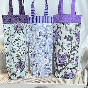 Cotton Wine Bottle Bag w/handle, Elegant Purple Flower Gift Bag, Handmade Wine or Candy Bag, Reusable Bottle Carrier Bag, Lined Bag