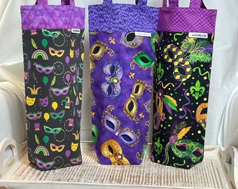 Cotton Wine Bottle Bag w/handle, Mardi Gras Gift Bag, Handmade Wine or Candy Bag, Reusable Bottle Carrier Bag, Lined Bag