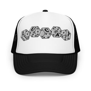 May include: A white and black trucker hat with a black mesh back. The front of the hat features an embroidered design of dice spelling out the word "LUCKY".