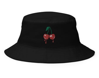 Cherry Bucket Hat With Embroidery - Dripping Cherry Bucket