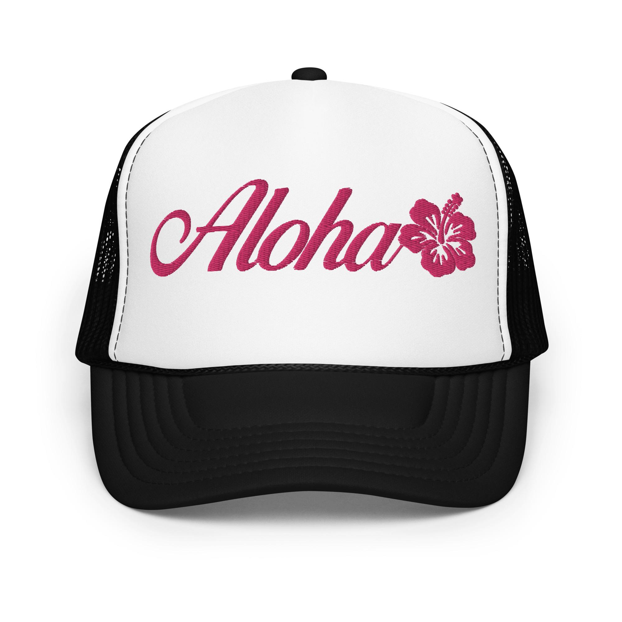 Aloha Foam Trucker Hat With Embroidery - Hibiscus Flower 