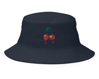 Cherry Bucket Hat With Embroidery - Dripping Cherry Bucket