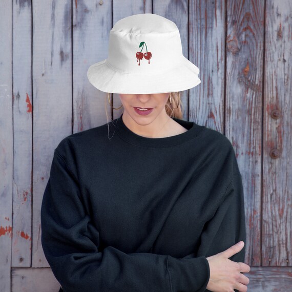 Cherry Bucket Hat With Embroidery - Dripping Cherry Bucket