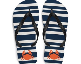 Striped Flip-Flops with Crab Print - Summer Sandals - Flip Flops with Nautical Crab Print