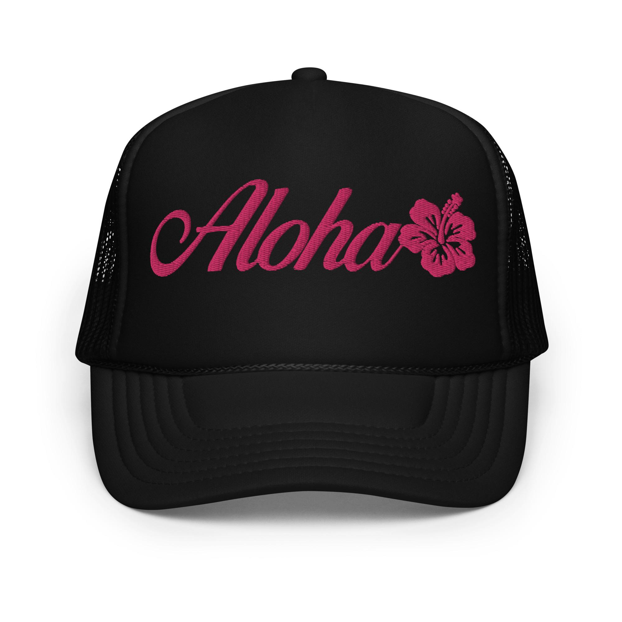 Aloha Foam Trucker Hat With Embroidery - Hibiscus Flower 