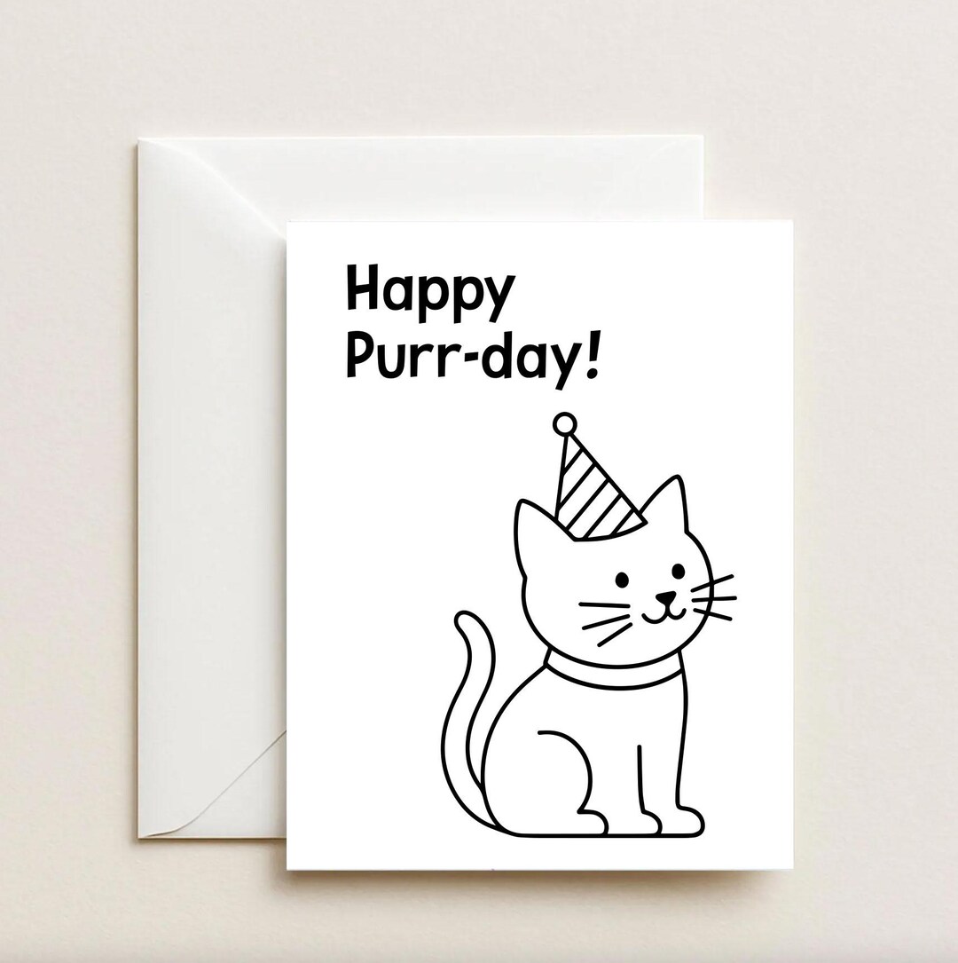 Printable Cat Birthday Card, DIY Coloring Page (digital Download) - Etsy