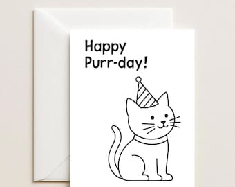 Printable Cat Birthday Card, DIY Coloring Page (Digital Download)